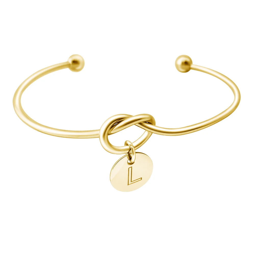 Lucky A-Z English Letter Openning Bangle Knot Bracelet With 26 Letter Charm Pendant Bracelet for Women