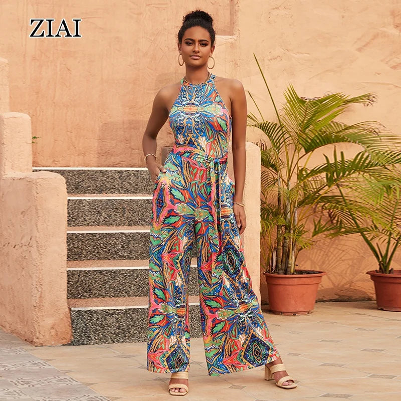 Summer Fashion Printed Holiday Jumpsuit Halter Neck Strapless Wide Leg Printed Women's Jumpsuit