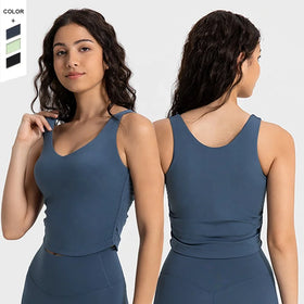 In Stock Skin Friendly Yoga Tank Top Deep V Pleated Waist Removable Chest Pad Sports Tank Top