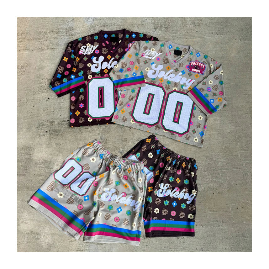 OEM Custom Jersey Polyester Mesh Printing Jogger Sweat Suit Summer Casual Two Piece Shirt Set Boxy Cropped Football Shorts Set