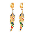 Waterproof Sea Stainless Steel Jewelry Bohemian Long Charm Colorful Drop Oil Golden Leaf Enamel Feather Earrings