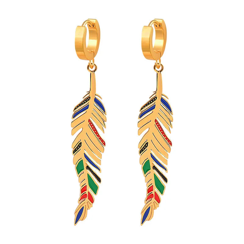 Waterproof Sea Stainless Steel Jewelry Bohemian Long Charm Colorful Drop Oil Golden Leaf Enamel Feather Earrings
