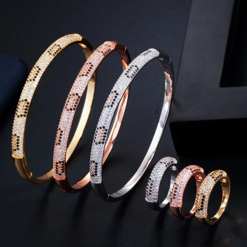 Trendy Cubic Zircon Paved Rose Gold and Silver Color Snake Leopard Open Cuff Bangle Bracelet and Ring Set Jewelry for Women Gift