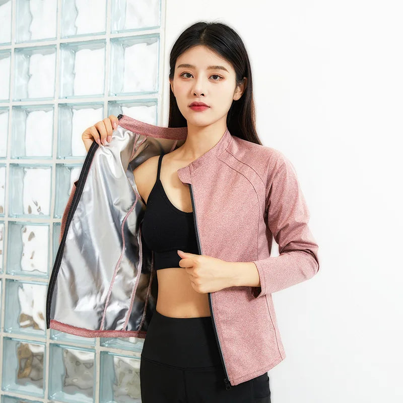 Women's Long Sleeve Sports Running Fitness Sweat Suit with Reflective Zipper Jacket for Sauna Shaping Sweater Coat