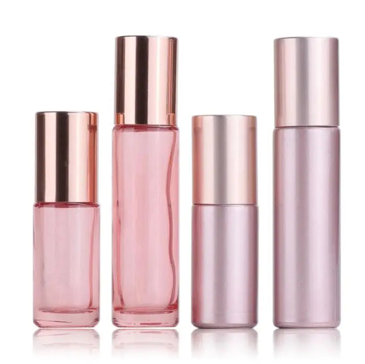 New Fashion 5ml 10ml Rose Gold/Pink Roll-On Glass Bottles with Screw Cap and Screen Printing Empty Essential Oil Vessels
