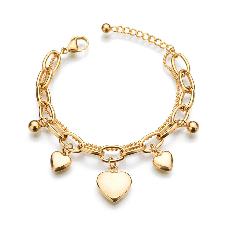 18k Gold Plated 316L Stainless Steel Chunky Chain Heart Charm Pendant Double Layer Bracelet for Girls