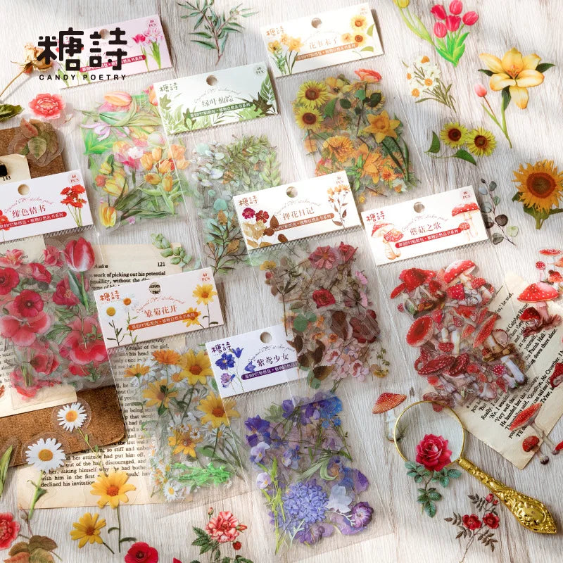 40 PET Sticker Packs Per Pack Botanical Nature Series Vintage Botanical Handbook DIY Decorative Stickers 8 Types
