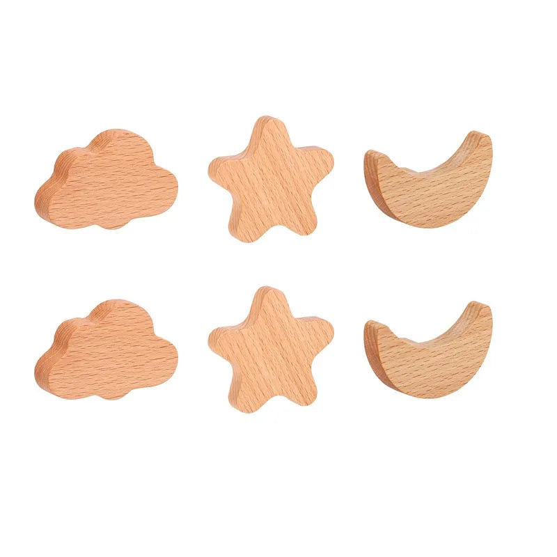 Cute Multifunction Stars Moon and Clouds Cupboard Handles Decorative Drawer Knobs Beech Wood Hanging Wall Hook