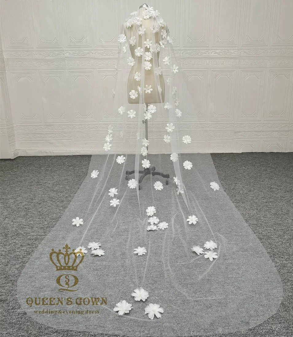 QUEENSGOWN Elegant 3d Flower Veil Hotsale Stock Long Ivory Beaded 3d Flower Wedding Dress Veil Luxury Pearl Veil for Bride
