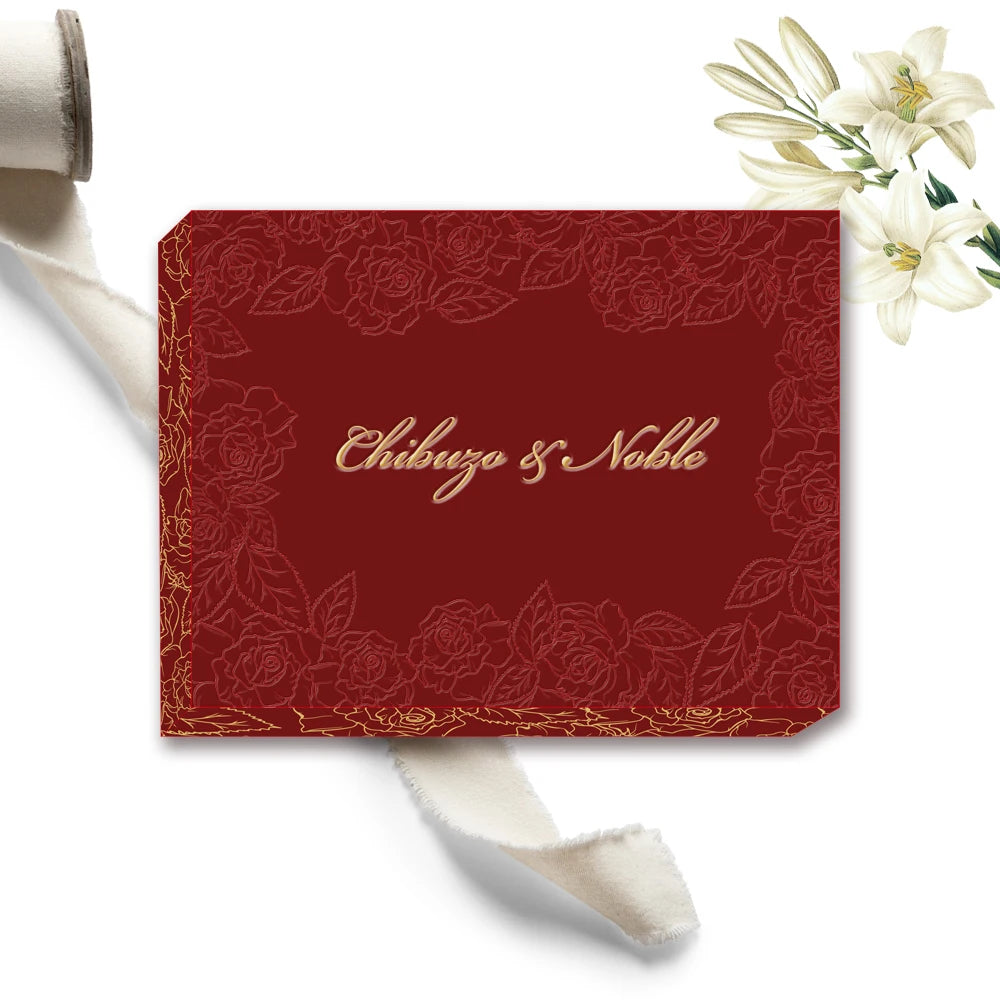 Luxury Gold Mirror Acrylic Wedding Invitation Card with Burgundy Velvet Fabric Hardcover Box and Embossing Logo