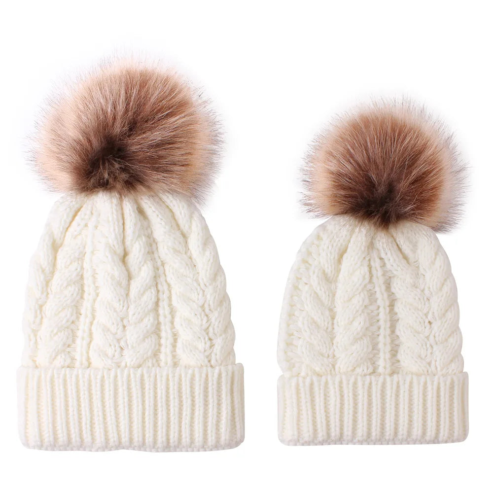 Spot New Parent-child Warm Hat Pure Color Knitted Hat With Pom Winter Knit Hat