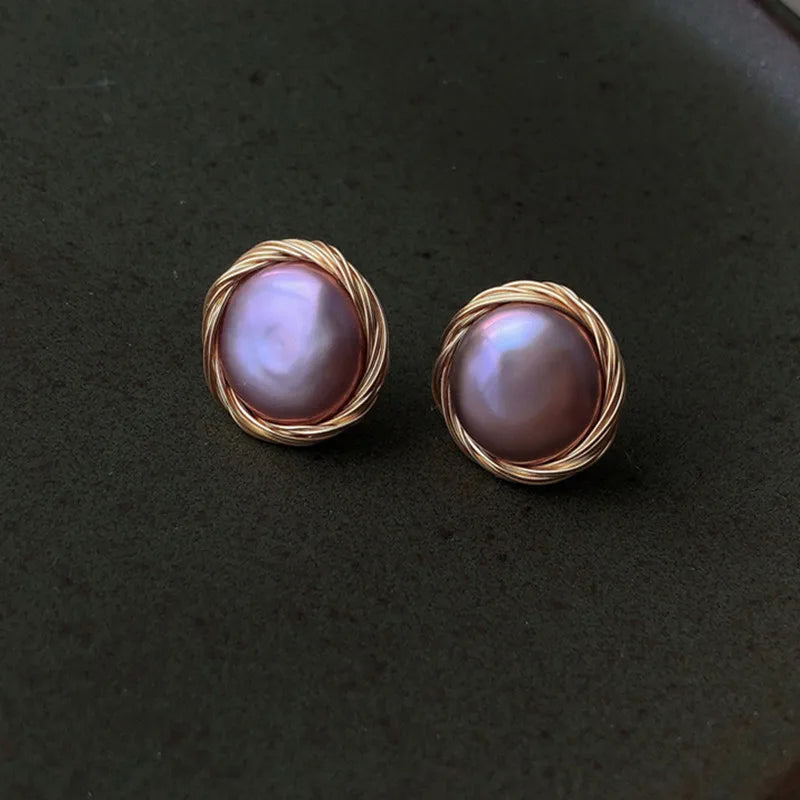 Gold 12-14 mm AAA Baroque Coin Flat Freshwater Cultured Pearl Design Earrings