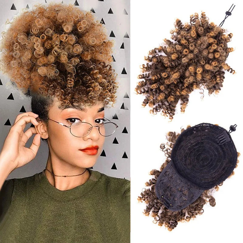 Stock Women Puff Hair Bun With Bangs Short Afro Kinky Curly Pineapple Updo Hair Extensions Drawstring Ponytail with Bangs Clip