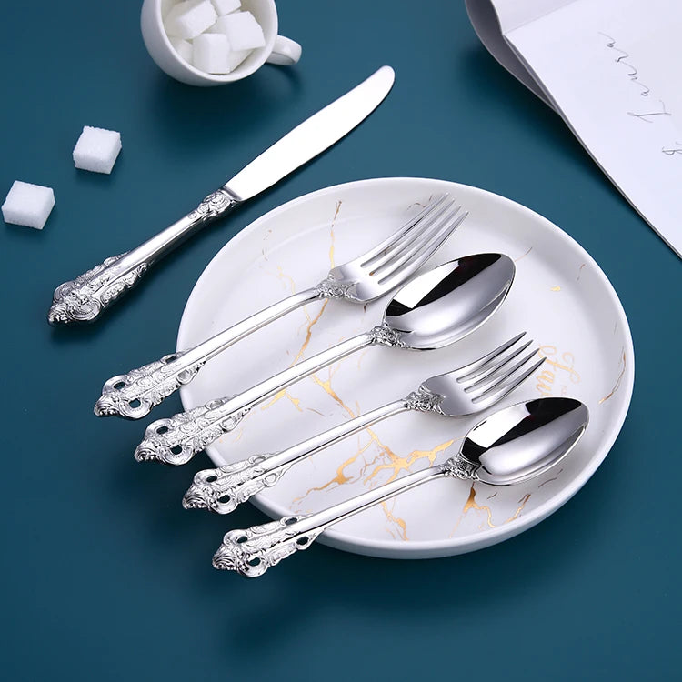 Luxury Stainless Steel 18/10 Vintage Wedding Flatware Set with Silver Finish and Custom Logo Option for Back to School Banquet