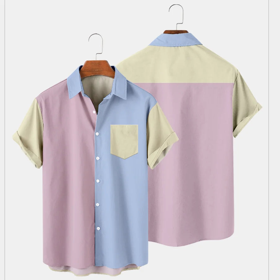Summer Men Shirt Patchwork Lapel Short Sleeve Streetwear Casual Camisas Loose Pockets Men Clothing M-5XL Solid Color Top Shirt