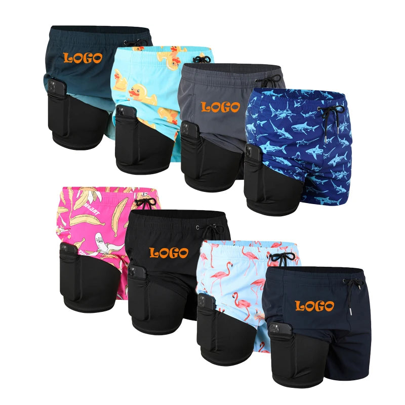 Custom Summer Double Layer Swim Trunks Waterproof Compression 2 in 1 Board Shorts Beach Swimwear Shorts for Men