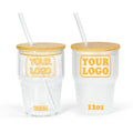 New Arrival 12oz Glass Clear Frosted Cup Sublimation Blanks Travel Mugs Outdoor Kids Tumbler with Bamboo Wooden Lids and Straw