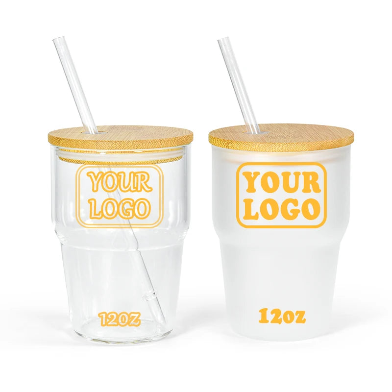 New Arrival 12oz Glass Clear Frosted Cup Sublimation Blanks Travel Mugs Outdoor Kids Tumbler with Bamboo Wooden Lids and Straw