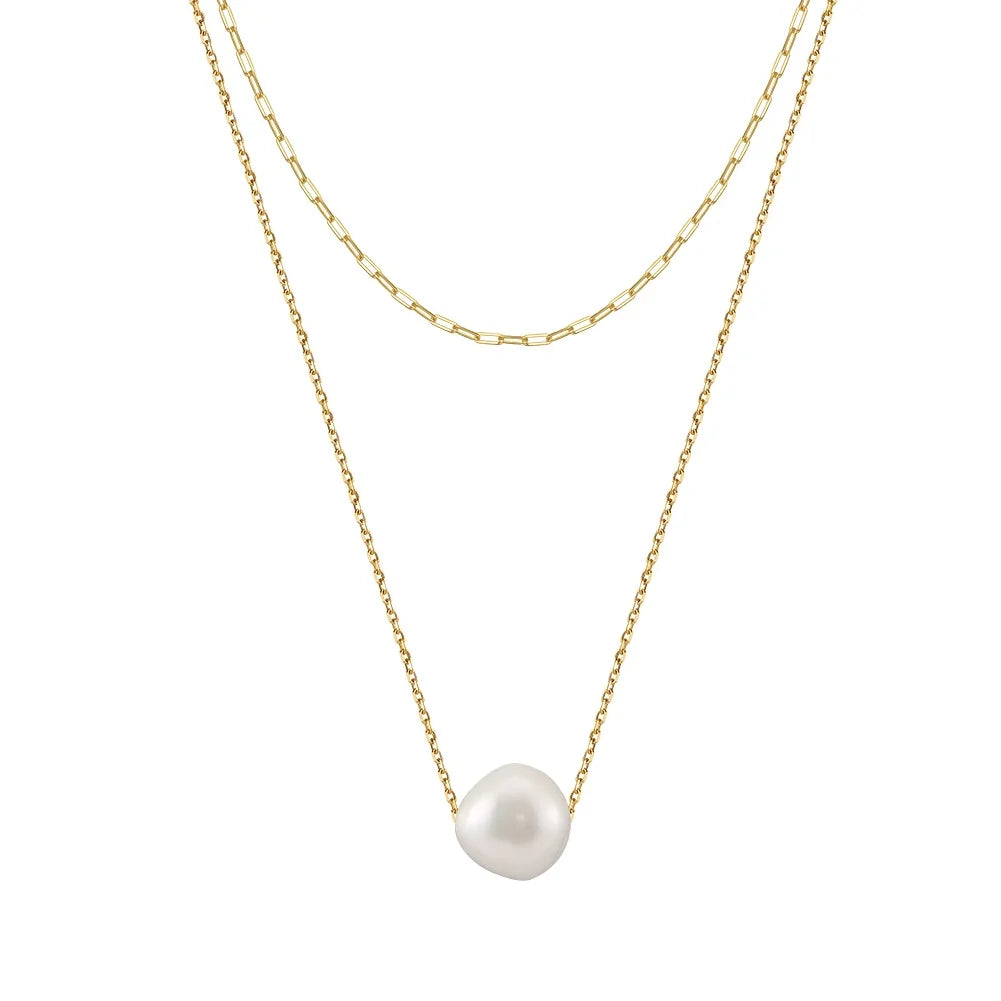 RINNTIN GPN72 Double Layer Gold Plated Baroque Natural Freshwater Pearl Pendant Necklace for Women Jewelry Gifts