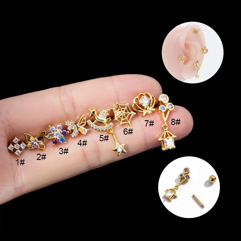 16G Colorful CZ Double Screw Cute Flower Surgical Steel Bar Cartilage Earrings Women Tragus Helix Piercing Jewelry