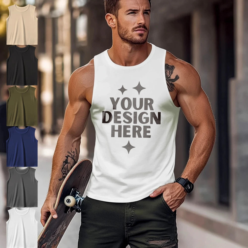 2025 220G 100% Cotton Custom Logo Outdoor Sports Sleeveless Shirt Vest Gym Body Building Fitness Running Shirt Tank Top for Men