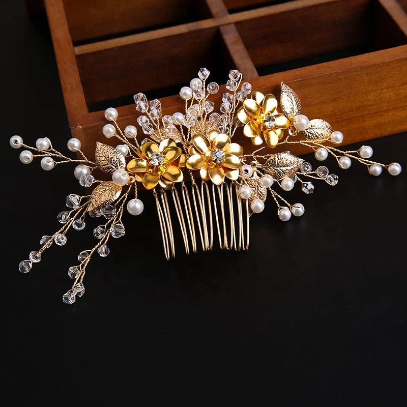 Handmade Elegant Women Alloy Rhinestone Gold Color Leaf Bridal Tiara Wedding Hair Comb 13cm