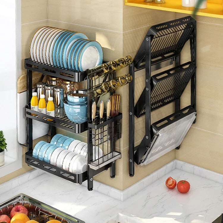 2025 Hot Sale Desktop Wall Mount Stainless Steel Black Foldable Dish Rack Desktop Drain Rack Spice Rack Chopsticks Cup Storage