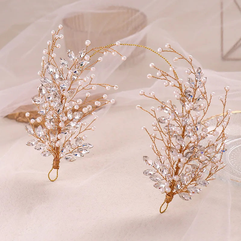 Weave Pearl Sweet Trendy Elegant Headdress Copper Wire Rhinestone Hair Band Bride Wedding Hair Accessories