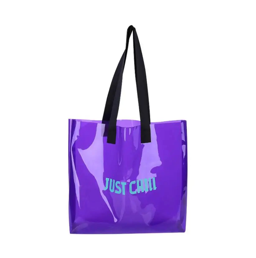 Custom Women's Clear Plastic Neon PVC Tote Bag Girls' Transparent Shopping Beach Handbag for All Autumn Winter Spring