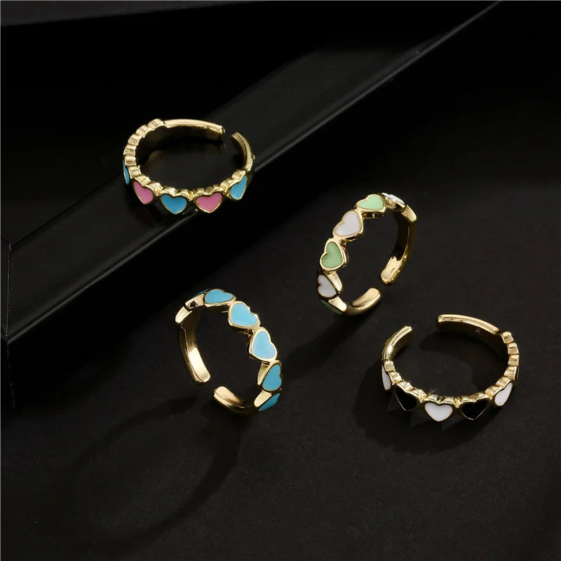 Brass 18K Gold Plated Enamel Love Heart Finger Ring Adjustable Heart Ring for Women Girls