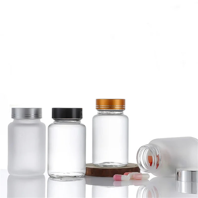 OEM Medical Empty 30ml 60ml 100ml 120ml Screw Cap Screen Printed Carton Packed Clear Frosted Glass Capsule Pill Bottles