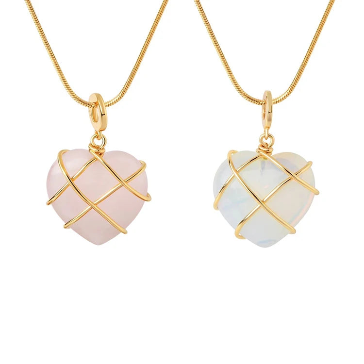 G1464 Hot Sale Jewelry Necklaces Love Pendant Natural Crystal Opal Powder Crystal Peach Love Heart Shape Rose Quartz Necklace