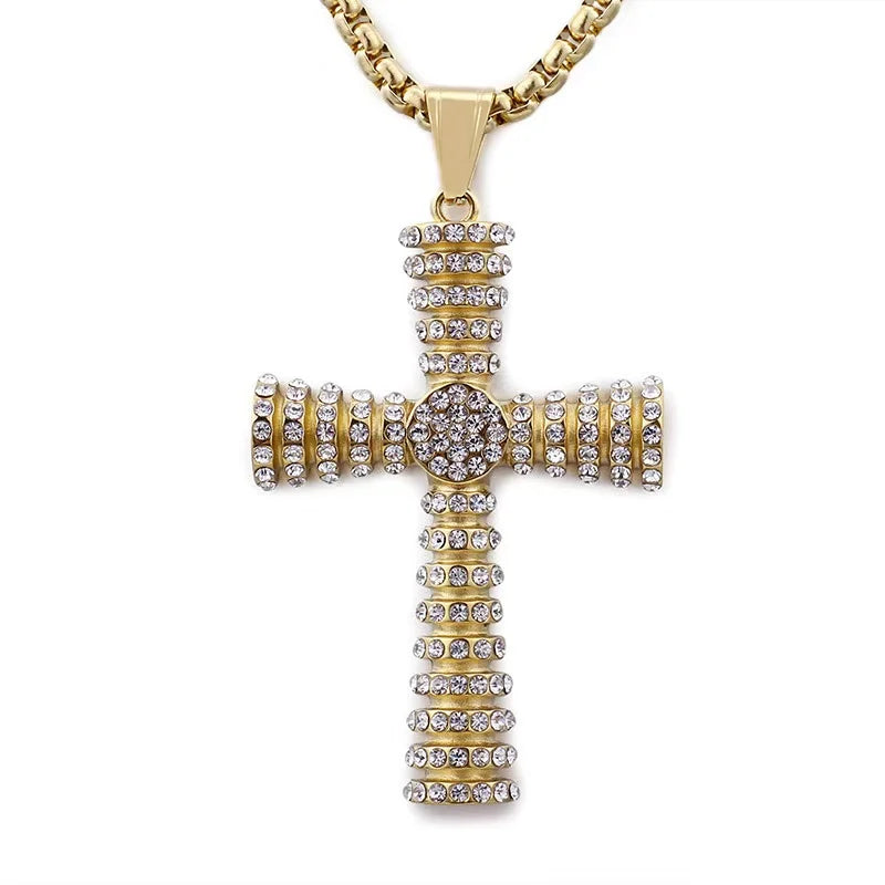 Hiphop Jewelry Stainless Steel Gold Plated Diamond Crystal Cross Pendant Necklace