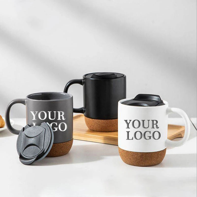 Nordic Cork Base Ceramic Coffee Mug With Insulated Wooden Bottom Glaze Matte Grey White Black Custom Logo Plastic Lid