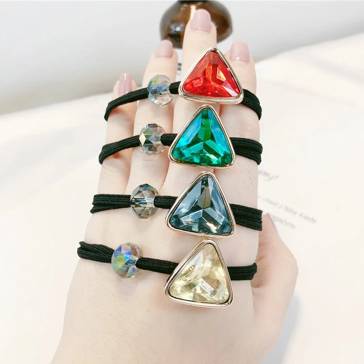 Korean Punk Style Cute Triangle Acrylic Rhinestone Beads Hair Rope Wholesale Double Hairband for Girls with Adjustable Size