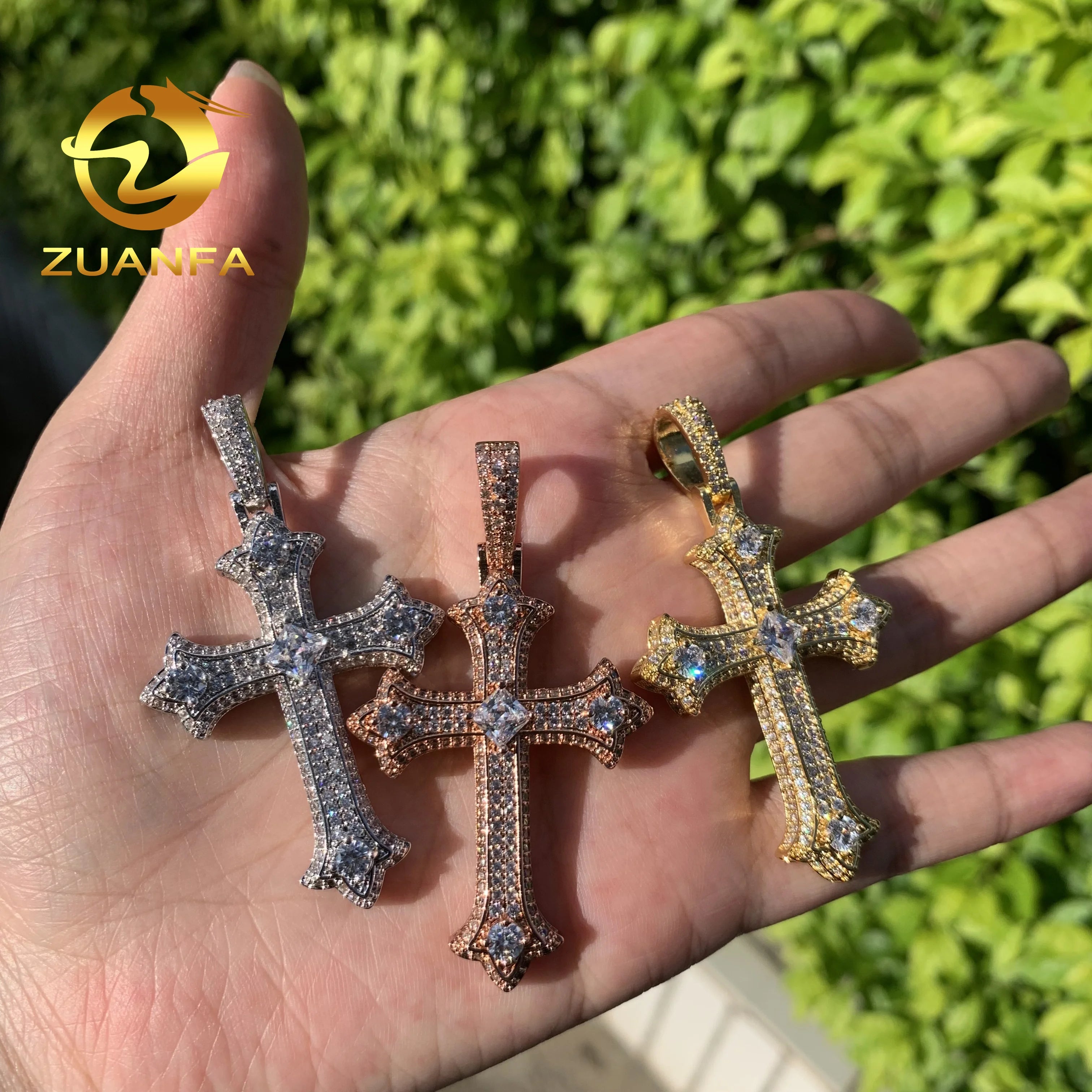 Zuanfa Jewelry Iced Out VVS Moissanite Cross Pendant Pass Diamond Tester Sterling Silver Hip Pop Pendant