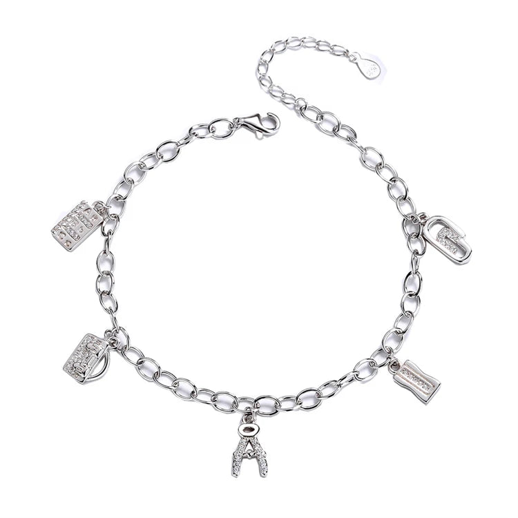Fine Jewelry OEM Custom Charm Pendant Bracelet 925 Sterling Silver Personality Letters Square Tag Adjustable Chain Bracelet