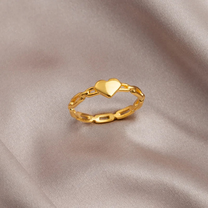 High Quality Women Jewelry Love Heart Cable Link Ring IP 18k Gold Plated Chain Link Heart Ring Stainless Steel