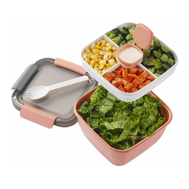 Bento Tray Salad Dressing Bowl 3-Compartment BPA-Free Plastic Salad Lunch Container for Toppings and Snacks