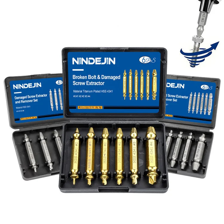 Manufacturer 4PC 5PC 6PC NINDEJIN Titanium-Plated Industrial Stripped Screw Extractor Set Speed Damaged Screw Extractor Kit