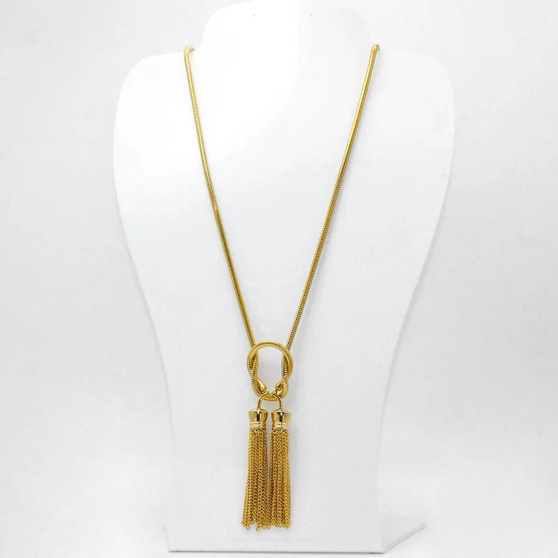 Fashion Stainless Steel Gold Tassel Necklace for Women African Clothing Sweater Chains Charm Pendant Party/Anniversary Gift