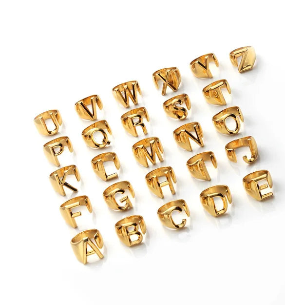 Stainless Steel Gold Plated  Letter Ring 26 English Letter Ring Personality Style DIY Letter Stereotypeface a to Z Rings