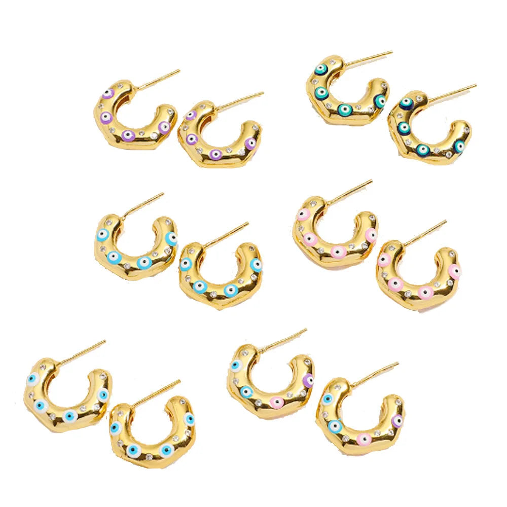 New Design Alloy Copper Gold Zircon Beads Evil Eyes Charm Small Half Hoop c Earring Jewelry for Women Earrings