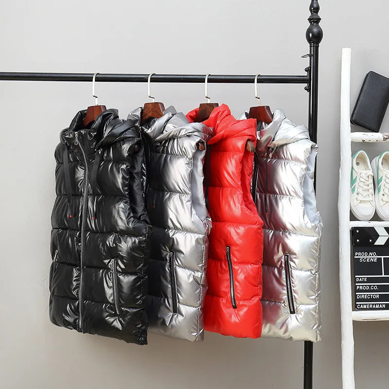 M-5XL Men's Vest Autumn and Winter Bright Coat 100% Polyester Vest Warm Korean Version Trend Outside Wear Couple Vest