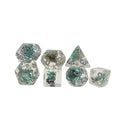 Custom Logo Polyhedral Resin Grey and Green Moss Inside with Silver Ink Dice Set for D&D Games OEM Wholesale Sale