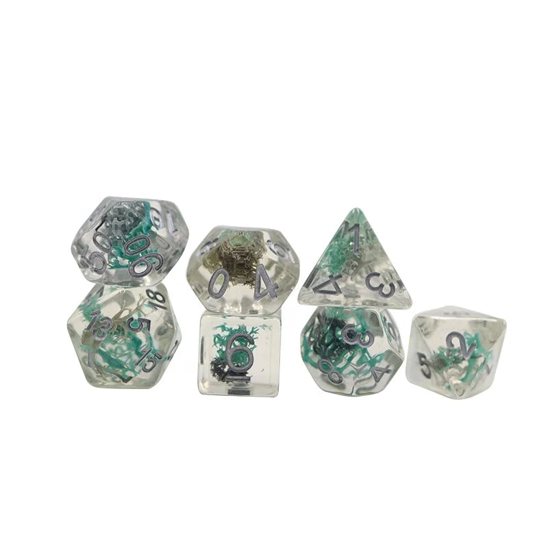 Custom Logo Polyhedral Resin Grey and Green Moss Inside with Silver Ink Dice Set for D&D Games OEM Wholesale Sale