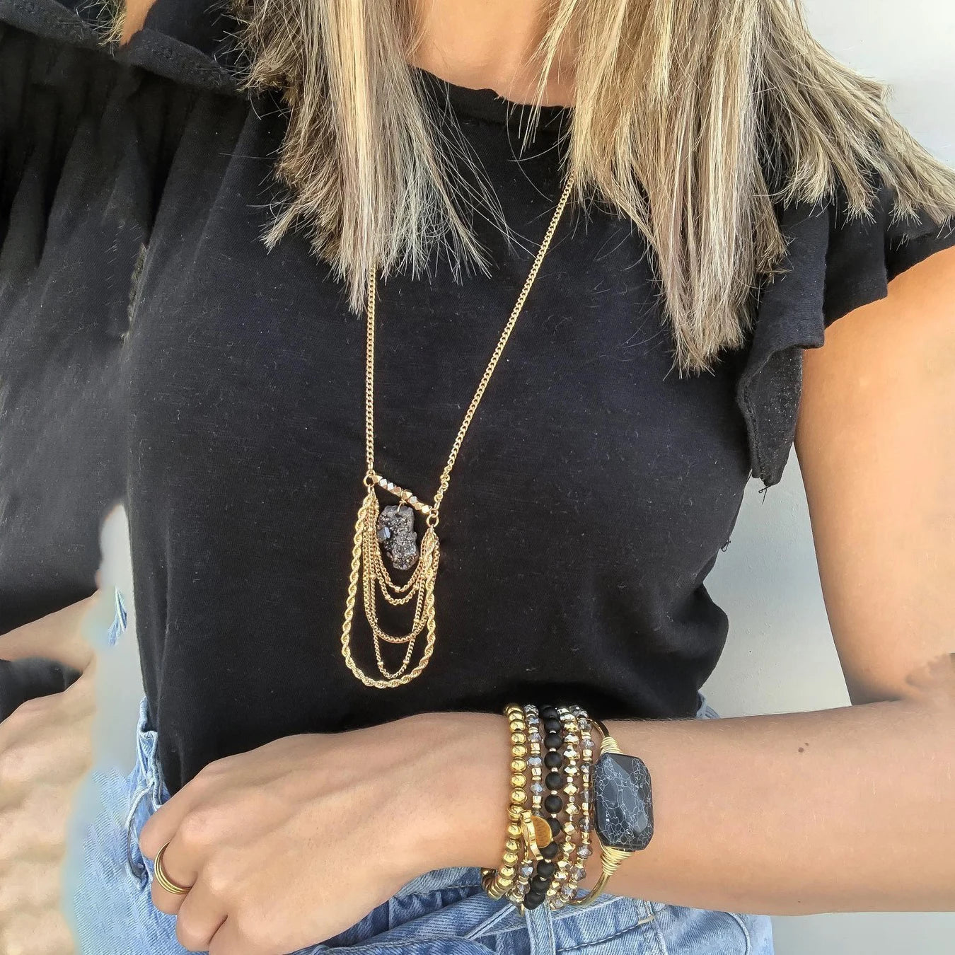Fashion Jewelry Gemstone Druzy Charm Necklaces Stainless Steel Multiple Tassel Chain Layered Necklace Women