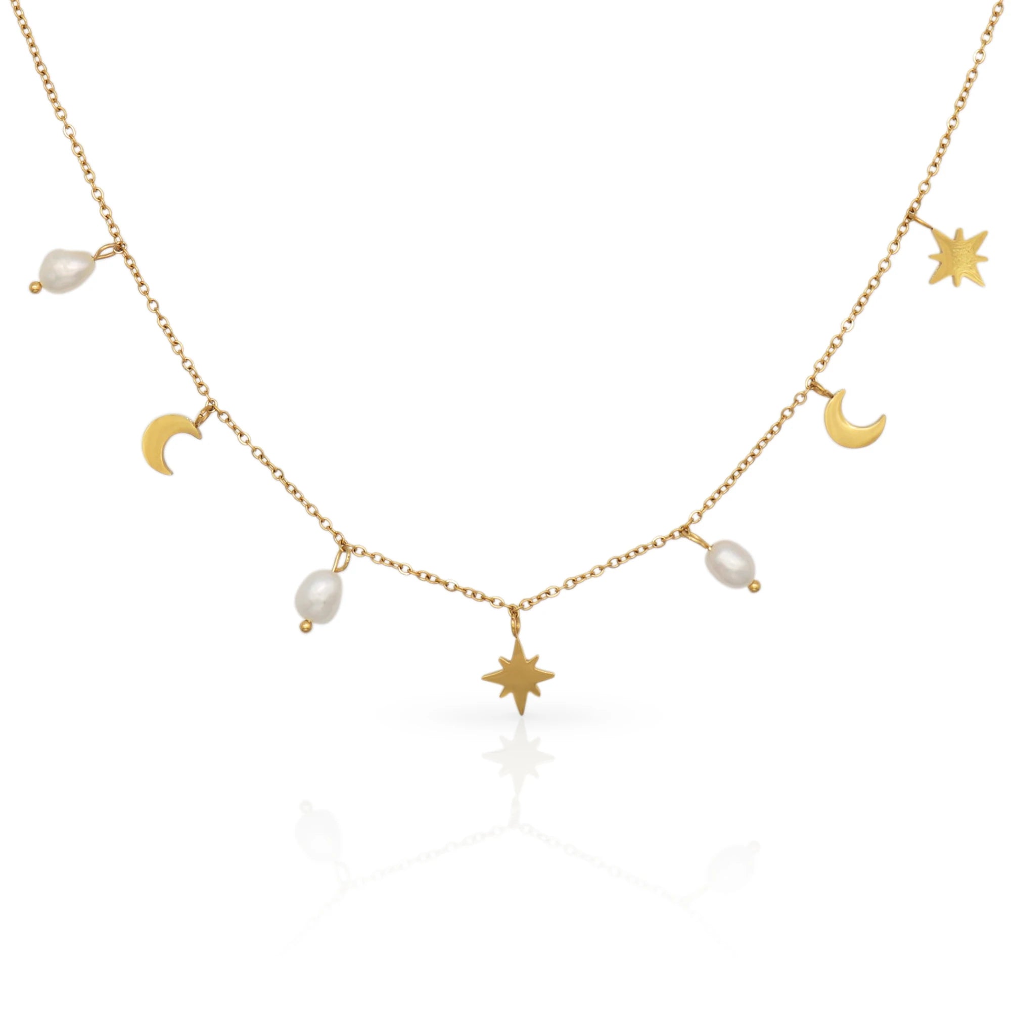 Chris April in Stock Pvd Gold Plated 316L Stainless Steel Moon and Star Freshwater Pearls Charm Necklace for Women