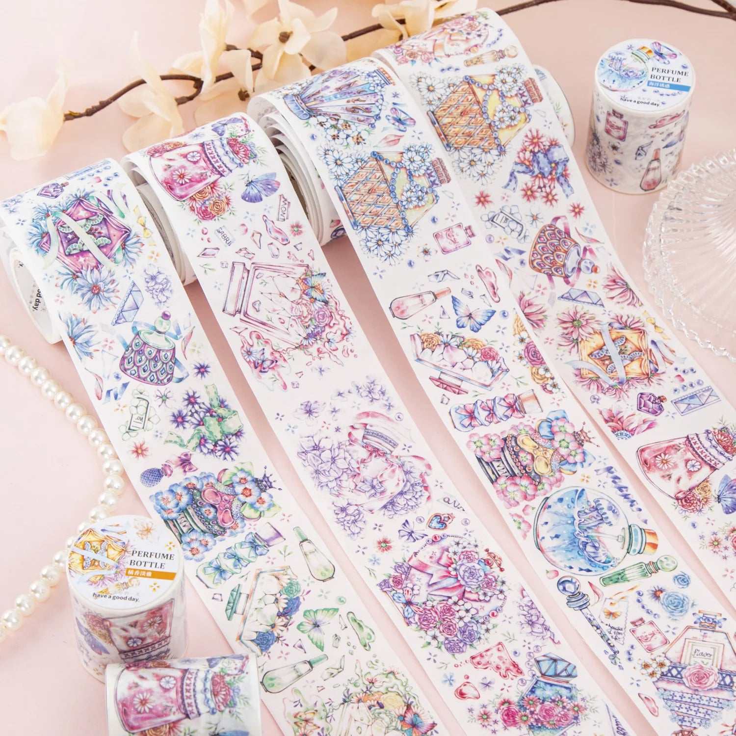 2M/Roll Water Activated Silicone Adhesive Tape Masking Perfume Glass Series Exquisite Journal Decorative Kraft Paper Loop