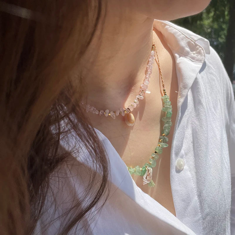 2022 Trendy Boho Minimalist Choker Necklace Women Natural Gravel Gemstone Tassel Pattern Layered Shell Charm Weddings Parties
